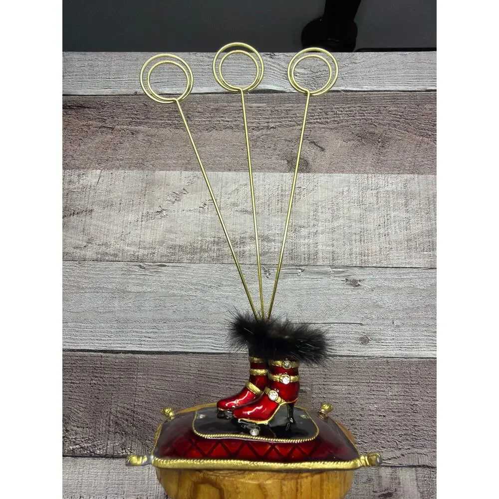 Vintage Enamel Cloisonné Gold Red Fur Boots Photo Card Holder Christmas Oz Gift